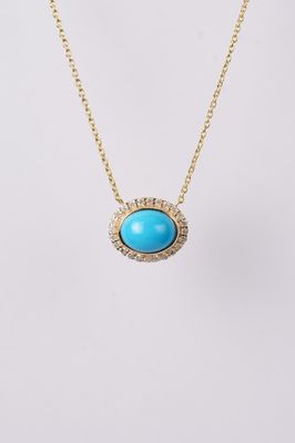 NAI- 14KY 2.32g 1.45ctw Turquoise &amp; Diamond Halo Necklace 16-18&quot;