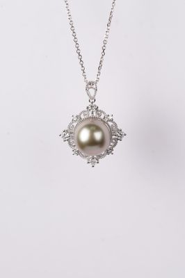 RIVX- 14-18KW 5.51g .30ctw Diamond &amp; 10mm Tahitian Pearl Necklace 16-18&quot;