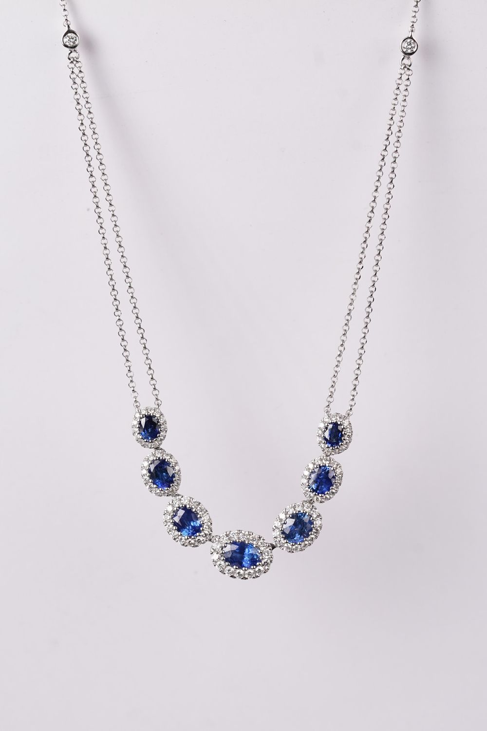 NNTT- 18KW 7.47g 3.15ctw Sapphire &amp; Diamond Halo Fashion Necklace 16-18&quot;