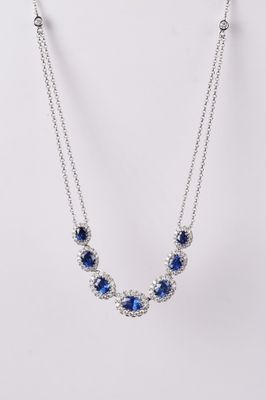 NNTT- 18KW 7.47g 3.15ctw Sapphire &amp; Diamond Halo Fashion Necklace 16-18&quot;