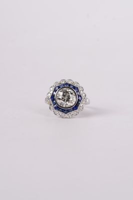 BETT- 18KW 6.08g 3.55ctw (2.15ctr) J-K/SI2 European Diamond &amp; Sapphire Vintage Inspired Ring (size 6)