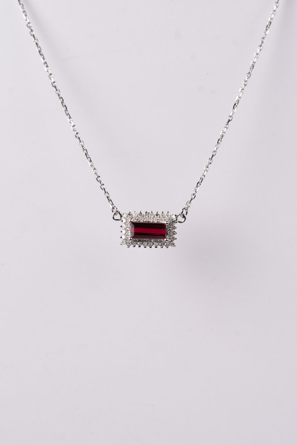RTTX- 18KW 2.4g 1.53ctw (1.00ctr) Ruby &amp; Diamond Double Halo Necklace 16-18&quot;