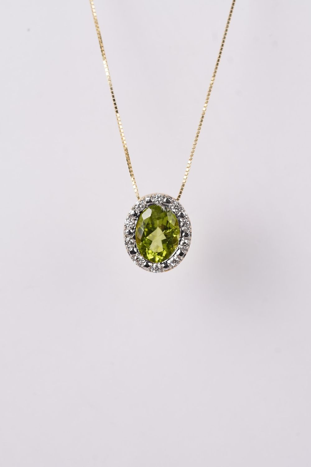 NDEX- 14KY 3.60g 2.33ctw (2.17ctr) Peridot &amp; Diamond Halo Necklace 16-18&quot;