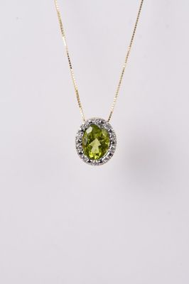 NDEX- 14KY 3.60g 2.33ctw (2.17ctr) Peridot &amp; Diamond Halo Necklace 16-18&quot;
