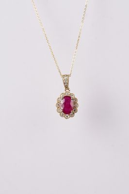 AIE- 14KY 1.90g .96ctw (.80ctr) Ruby &amp; Diamond Halo Necklace 16-18&quot;