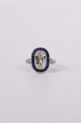 VVTPT- Platinum 5.37g 3.66ctw (2.86ctr) J/SI2 Antique Mine Cut Diamond &amp; Sapphire Vintage Ring (size 6.25)