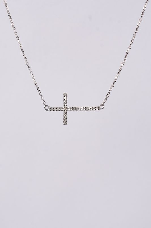 ADE- 14KW 1.80g .09ctw Diamond Sideways Cross Necklace 16-18&quot;