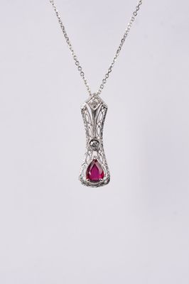 NAB- 14KW 3.69g .87ctw (.75ctr) Ruby &amp; Diamond Antique Necklace 16-18&quot;