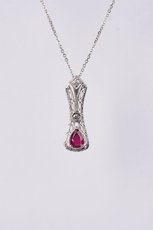 NAB- 14KW 3.69g .87ctw (.75ctr) Ruby &amp; Diamond Antique Necklace 16-18&quot;