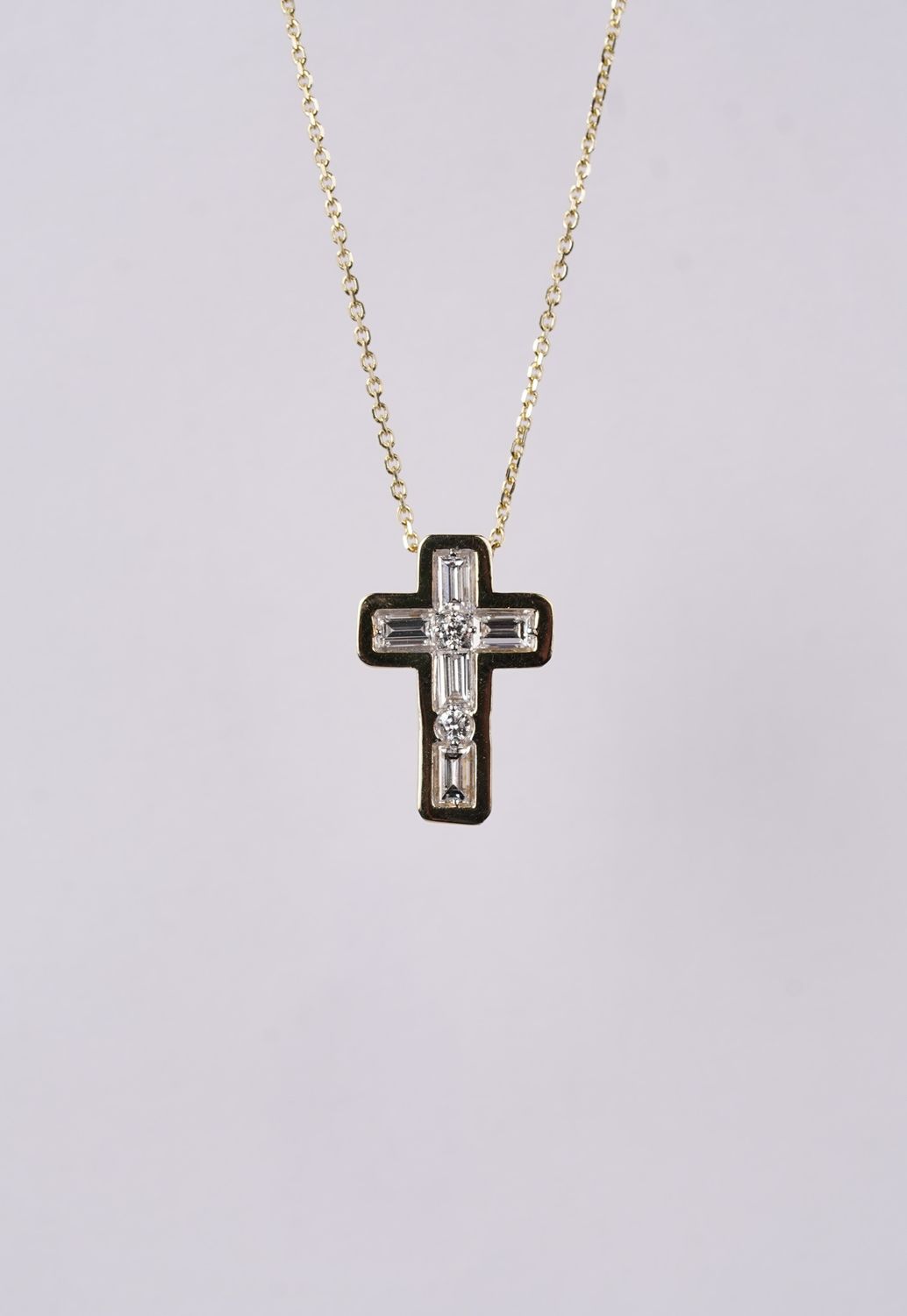 INRX- 14KY 3.65g .64ctw Baguette &amp; Diamond Cross Necklace 16-18&quot;