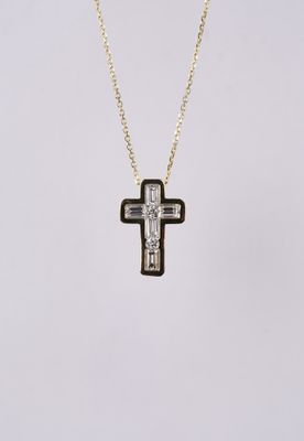 INRX- 14KY 3.65g .64ctw Baguette &amp; Diamond Cross Necklace 16-18&quot;