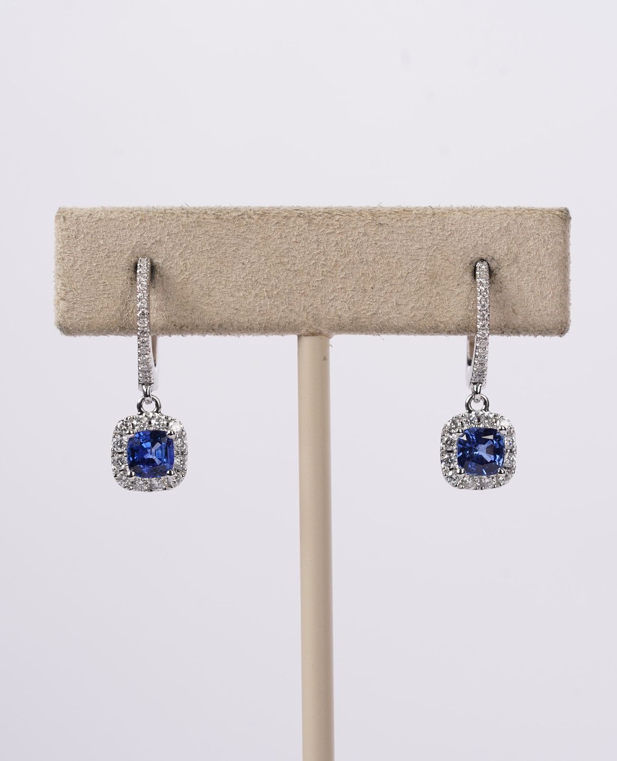 BRDX-14KW 2.9g 1.51ctw Diamond &amp; Sapphire Halo Dangle Earrings