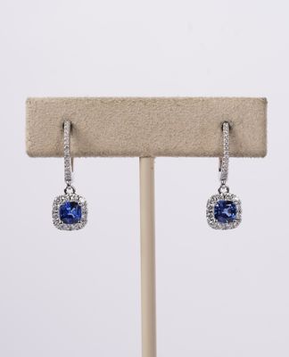 BRDX-14KW 2.9g 1.51ctw Diamond &amp; Sapphire Halo Dangle Earrings