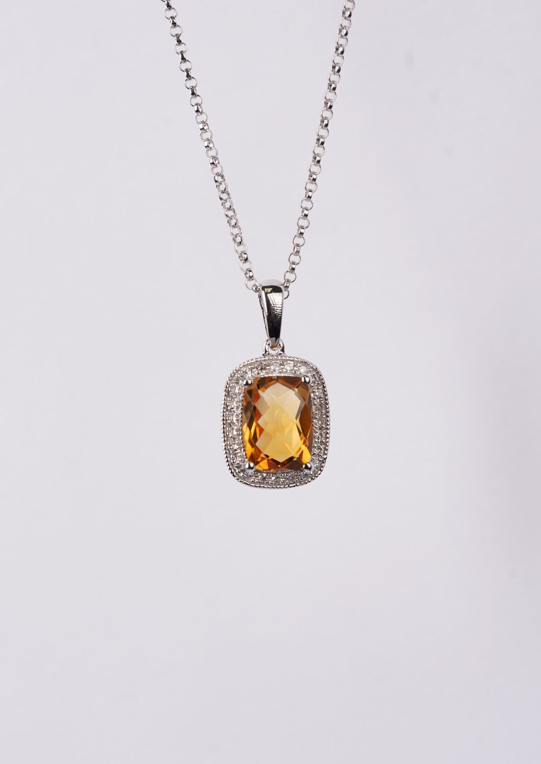 ALIX- 14KW 3.04g 1.20ctw (1.14ctr) Citrine &amp; Diamond Halo Necklace 16&quot;
