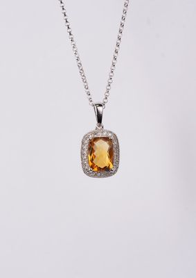 ALIX- 14KW 3.04g 1.20ctw (1.14ctr) Citrine &amp; Diamond Halo Necklace 16&quot;