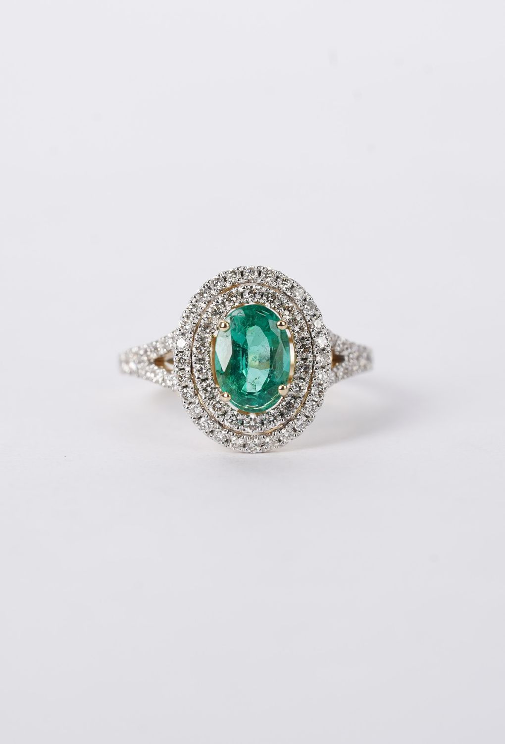 VATT- 14KY 4.41g 1.80ctw (1.10ctr) Emerald &amp; Diamond Double Halo Fashion Ring (size 7.5)