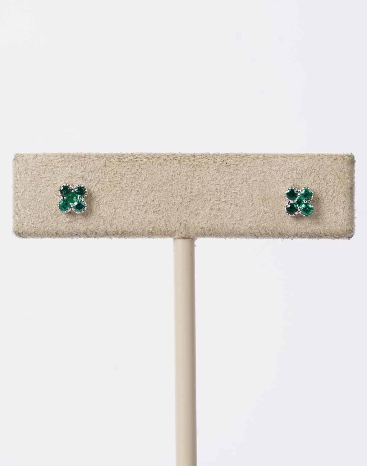 ARI- 18KW .90g .16ctw Emerald Clover Stud Earrings