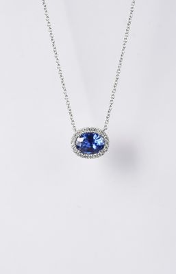 AENV- 18KW 3.79g 1.98ctw (1.79ctr) Sapphire &amp; Diamond Halo Necklace 16-18&quot;