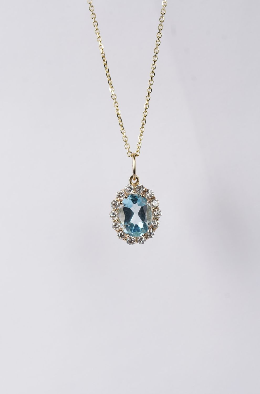 ETTX- 14KY 3.08g 2.05ctw Aquamarine &amp; Diamond Halo Necklace 16-18"