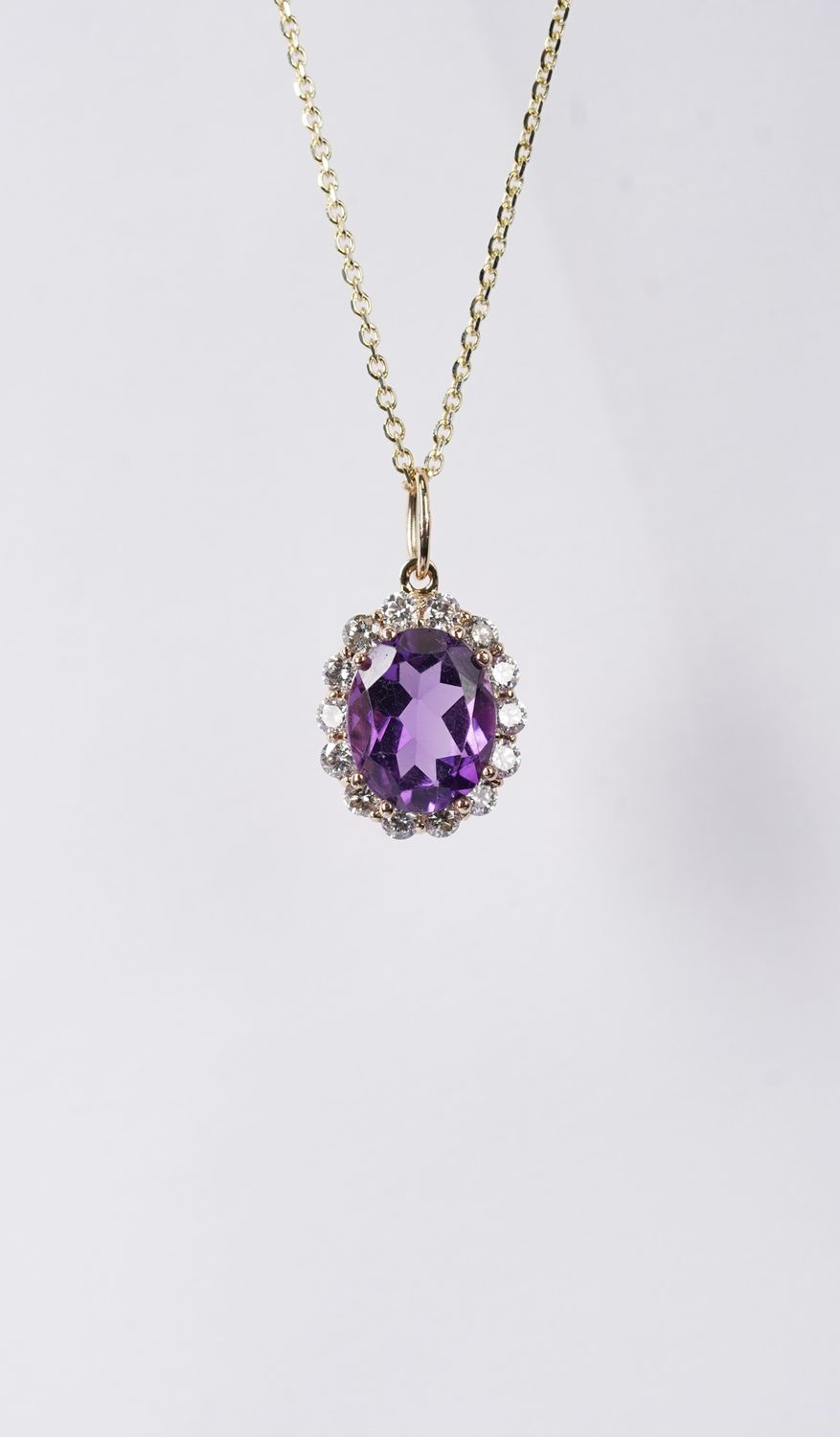 ETTX- 14KY 3.13g 2.20ctw Amethyst &amp; Diamond Halo Necklace 16-18"