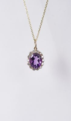 ETTX- 14KY 3.13g 2.20ctw Amethyst &amp; Diamond Halo Necklace 16-18"