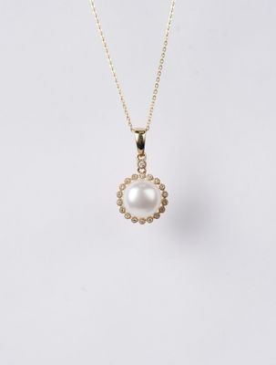 ANT- 14KY 2.33g .10ctw Diamond 8mm Pearl Halo Necklace 16-18"