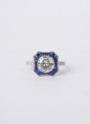 DETT- Platinum 6.18g 2.81ctw (1.54ctr) FLG/I1 European Cut &amp; Sapphire Halo Engagement Ring (size 6)