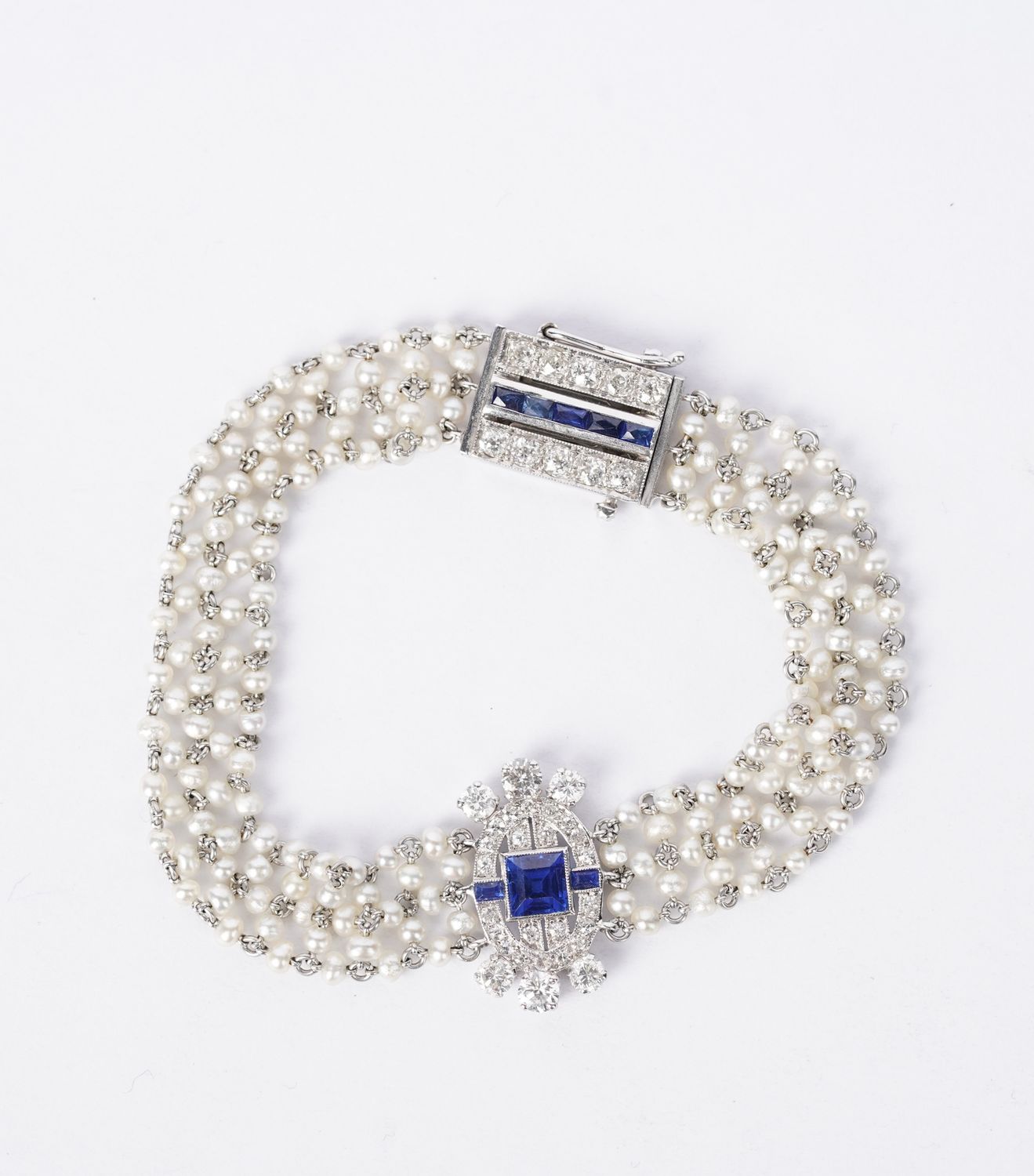 VTPT- 14KW 13.25g Sapphire, Diamond &amp; Pearl Fashion Bracelet 6.75"