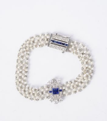 VTPT- 14KW 13.25g Sapphire, Diamond &amp; Pearl Fashion Bracelet 6.75"