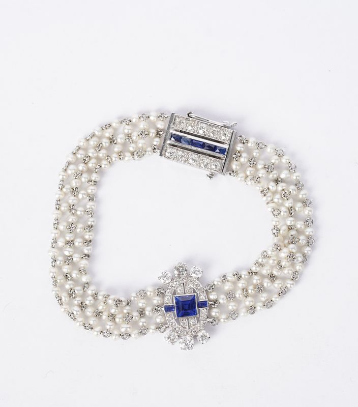 14KW 13.25g 1.00ctw Sapphire, Diamond &amp; Pearl Fashion Bracelet 6.75"
