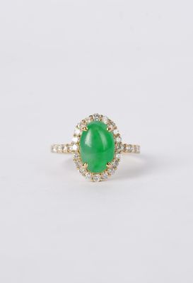 18KY 3.65g 3.33ctw (2.74ctr) Jade &amp; Diamond Halo Fashion Ring (size 6.5)