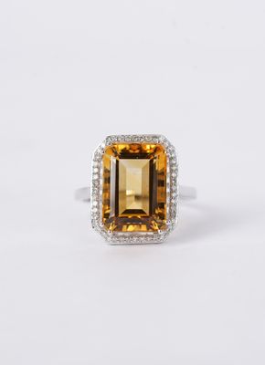 EDTX- 14KW 4.86g 7.90ctw (7.70ctr) Citrine &amp; Diamond Halo Fashion Ring (size 7)