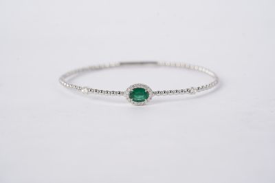 VTAT- 14KW 6.10g 1.35ctw (1.00ctr) Emerald &amp; Diamond Halo Flex Bangle Bracelet