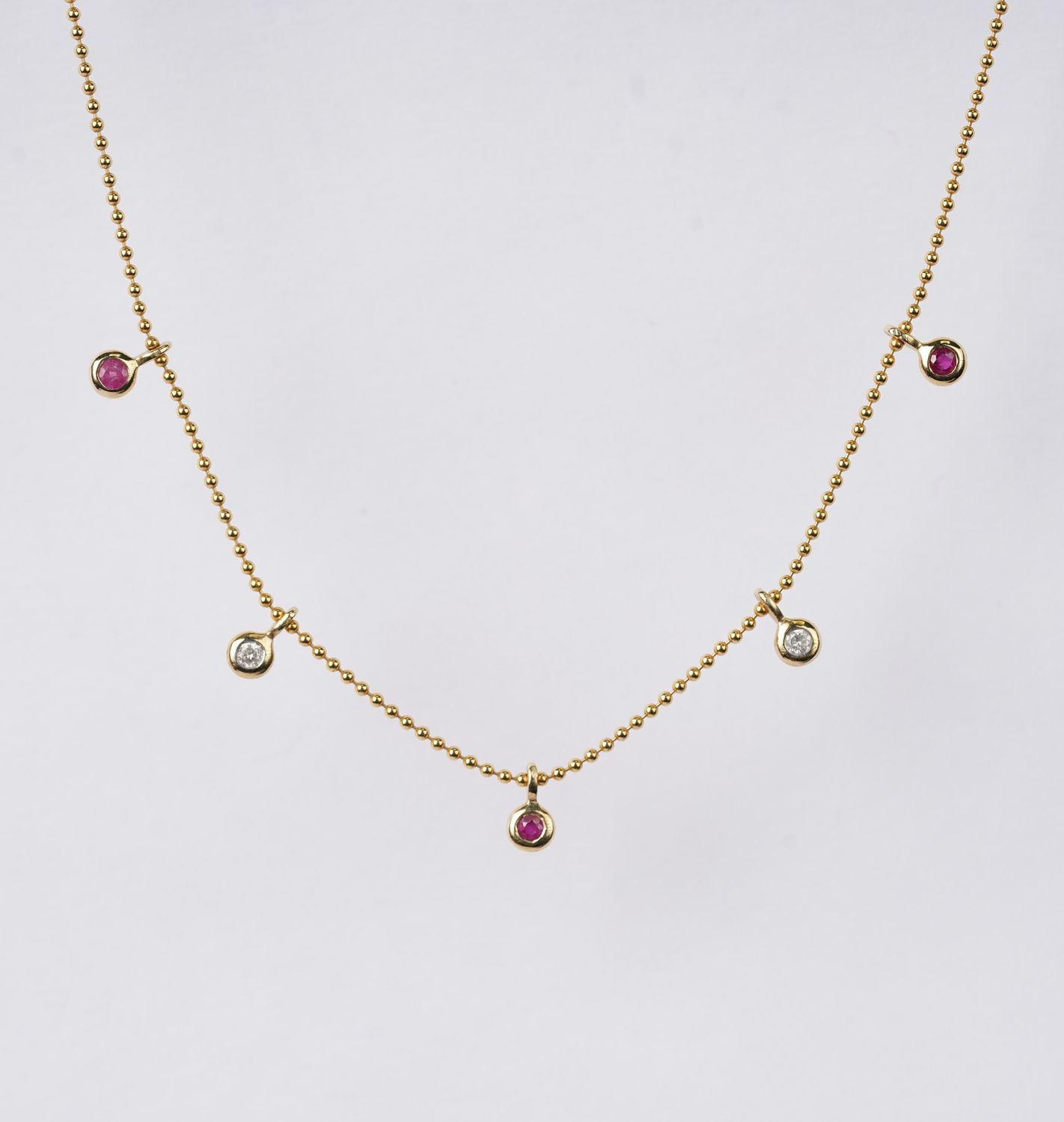 14KY 2.37g .30ctw Ruby &amp; Diamond Bezel Station Necklace 16"