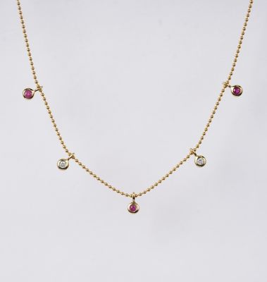 14KY 2.37g .30ctw Ruby &amp; Diamond Bezel Station Necklace 16"