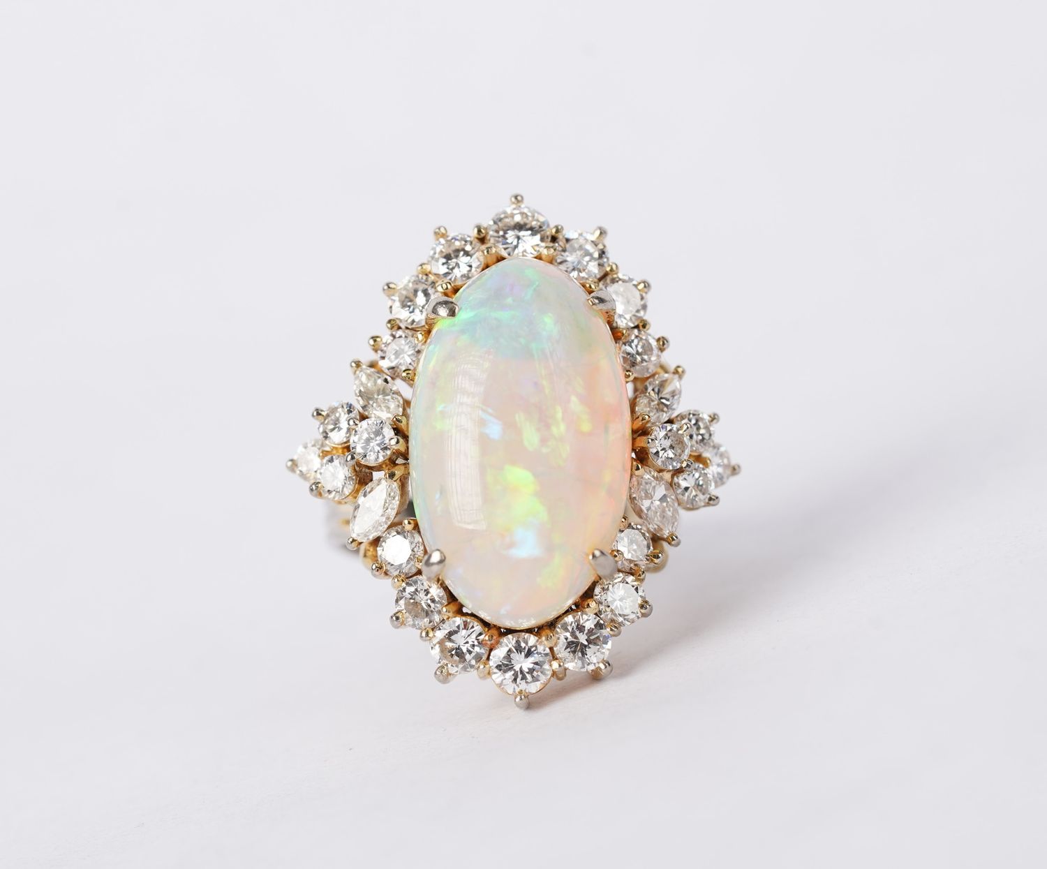 NETT- 18KY 14.13g 12.53ctw (10.25ctr) Opal &amp; Diamond Halo Estate Ring (size 8.25)