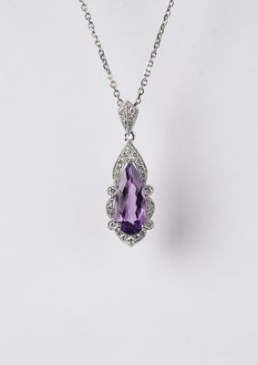 IAEX- 14KW 3.58g 1.45ctw (1.30ctr) Amethyst &amp; Diamond Halo Fashion Necklace 16-18"