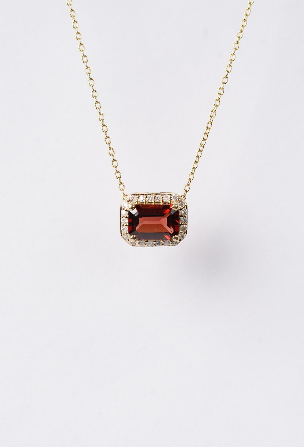 Horizontal Emerald Cut Garnet with Diamond Halo Necklace