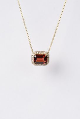 Horizontal Emerald Cut Garnet with Diamond Halo Necklace