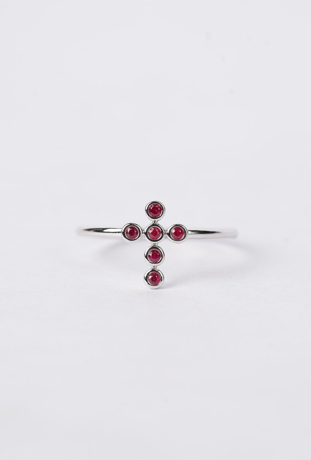 Ruby Cross Bezel-Set Ring in 14k White Gold