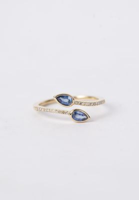 Pear Shaped Sapphire and Diamond Crossover Ring in 14k Yellow Gold