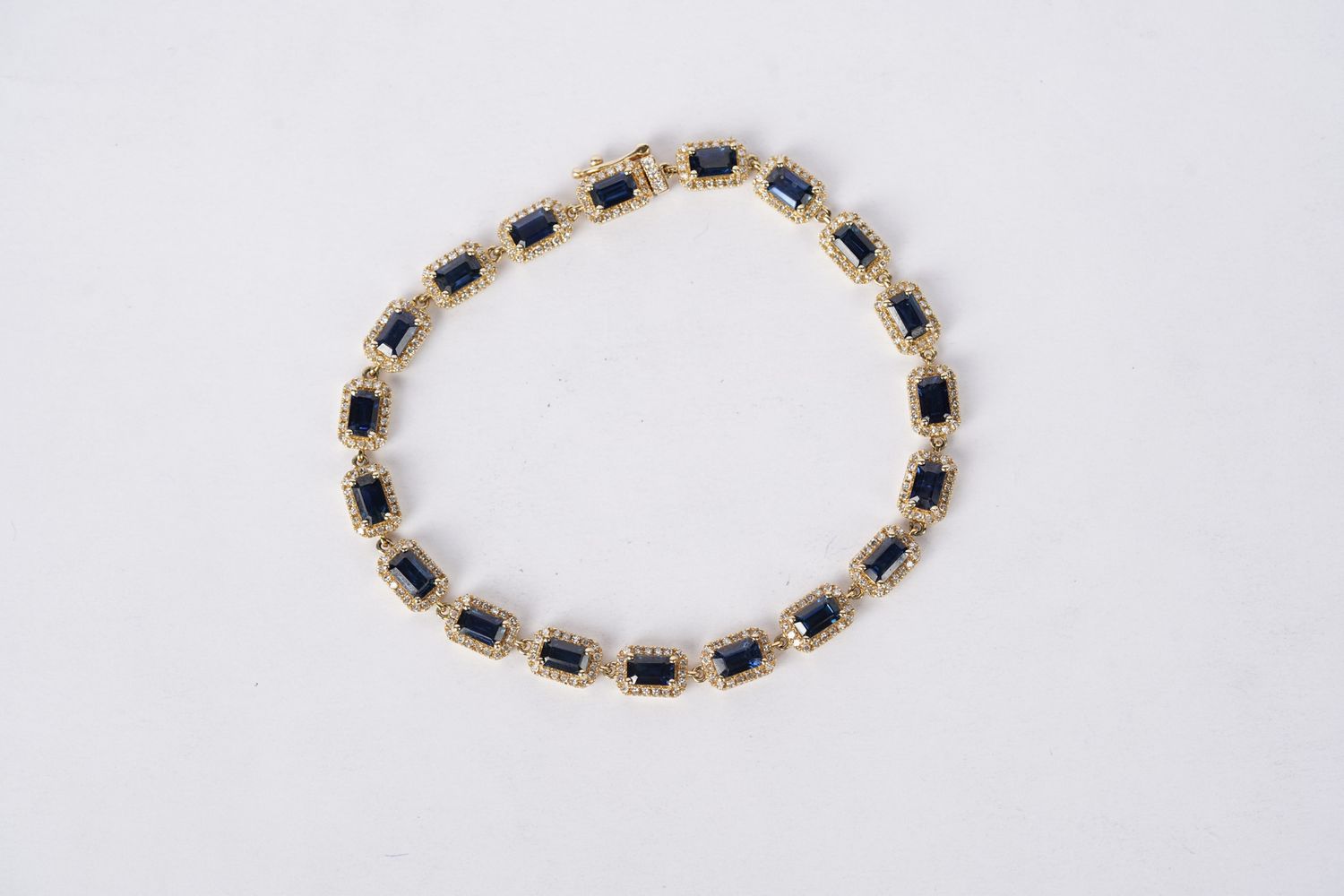 8.22 Carat Emerald Cut Sapphires With Diamond Halos Tennis Bracelet in 14k Yellow Gold | 7"