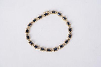 8.22 Carat Emerald Cut Sapphires With Diamond Halos Tennis Bracelet in 14k Yellow Gold | 7"