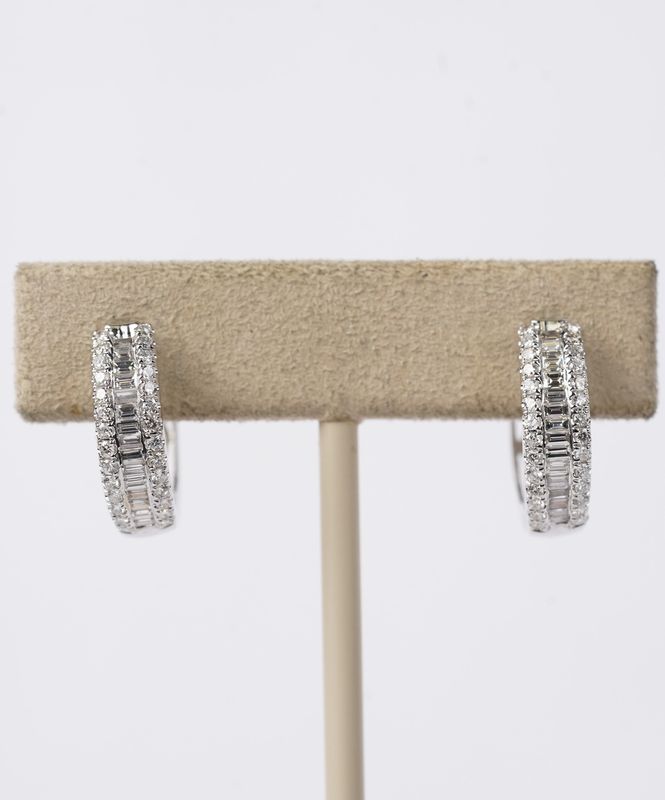 .98 Carat Diamond Baguette and Round Hoop Earrings in 18k White Gold
