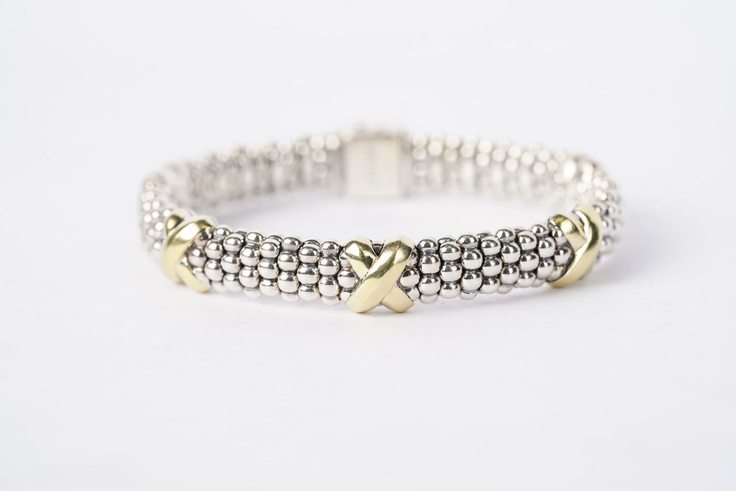 Two-Tone Five Station "X" Caviar Bracelet in 18k Yellow Gold and Sterling Silver | 9mm