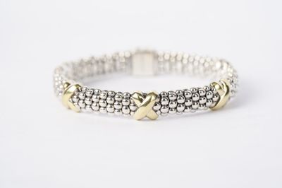 Two-Tone Five Station "X" Caviar Bracelet in 18k Yellow Gold and Sterling Silver | 9mm