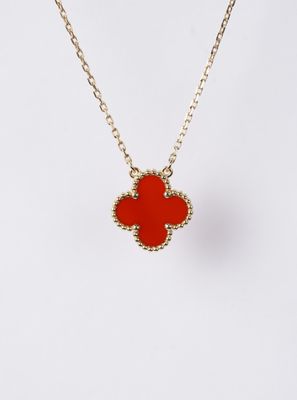 Carnelian Alhambra Van Cleef Inspired Necklace in 18k Yellow Gold | 16-18"