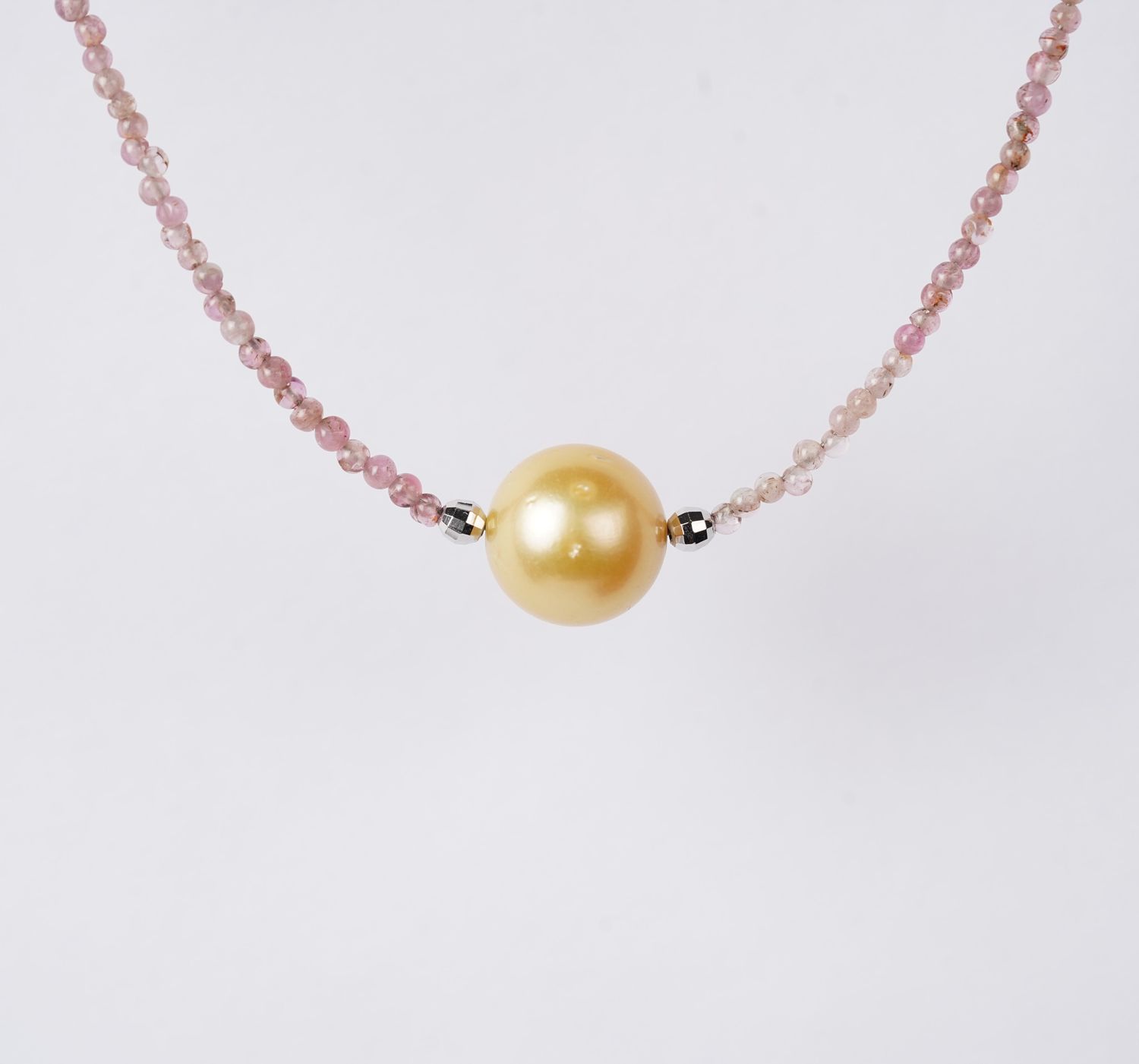 12mm Gold South Sea Pearl and Rose Quartz Necklace in Sterling Silver | 18"