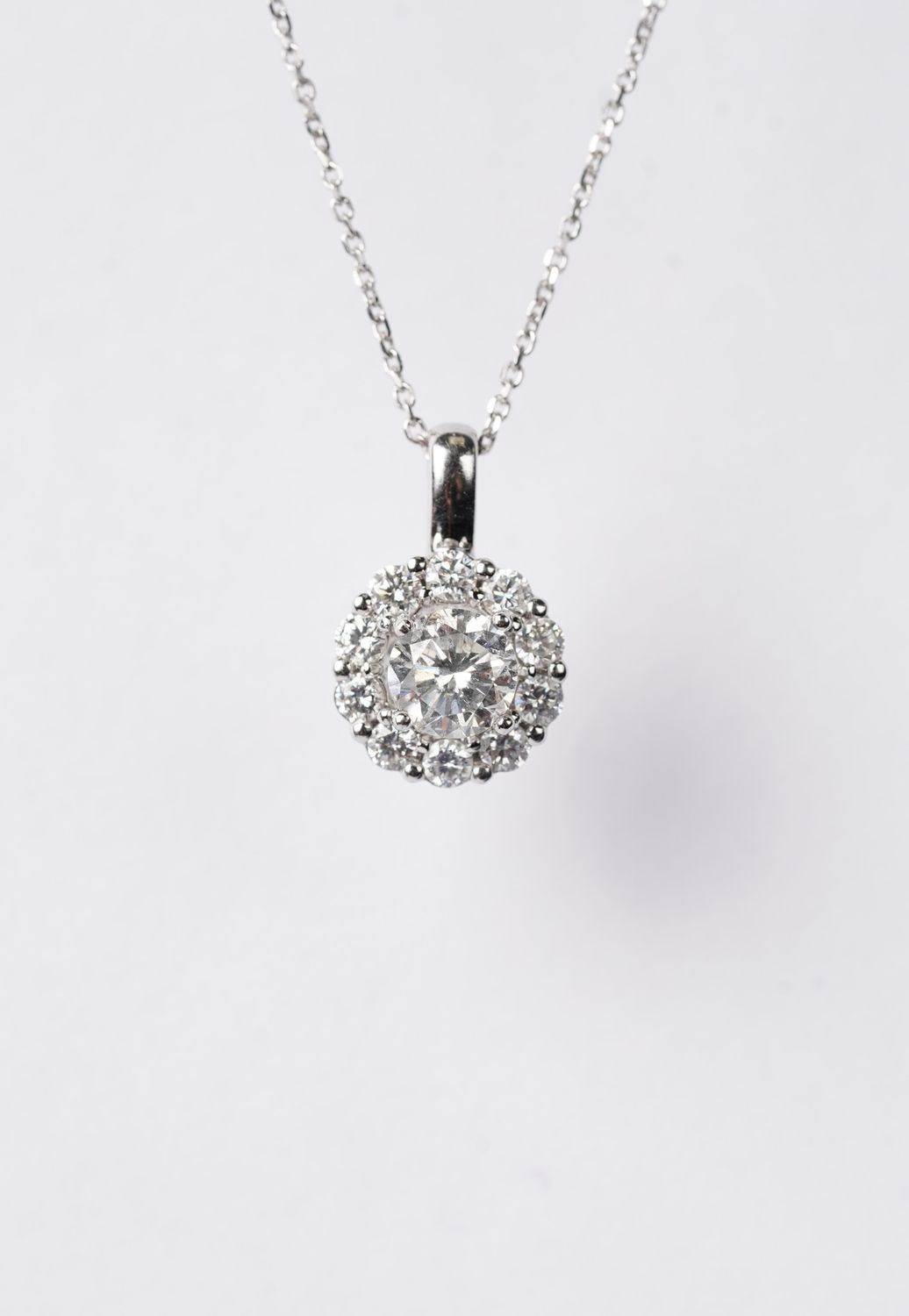 .75 Carat Round Diamond with Diamond Halo Necklace in 14k White Gold | 16-18"