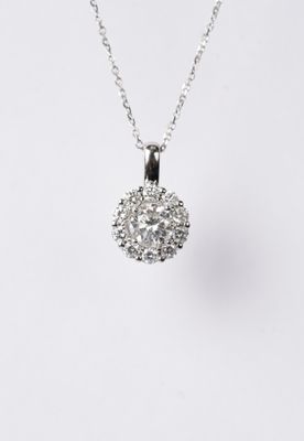 .75 Carat Round Diamond with Diamond Halo Necklace in 14k White Gold | 16-18"